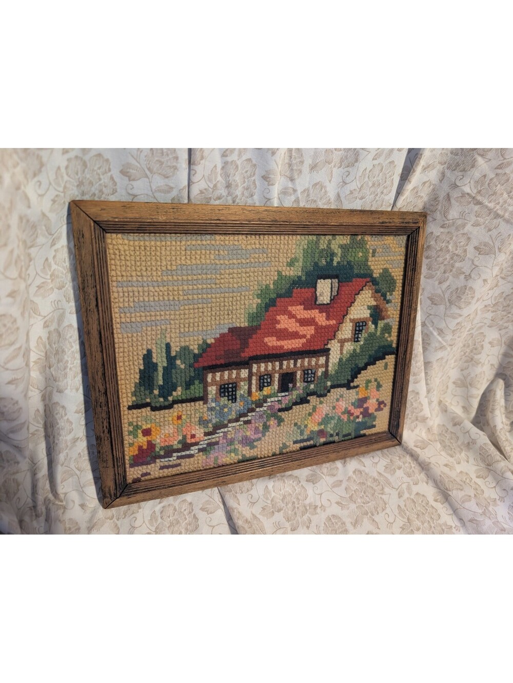 Vintage Needlepoint Framed Cottage Landscape